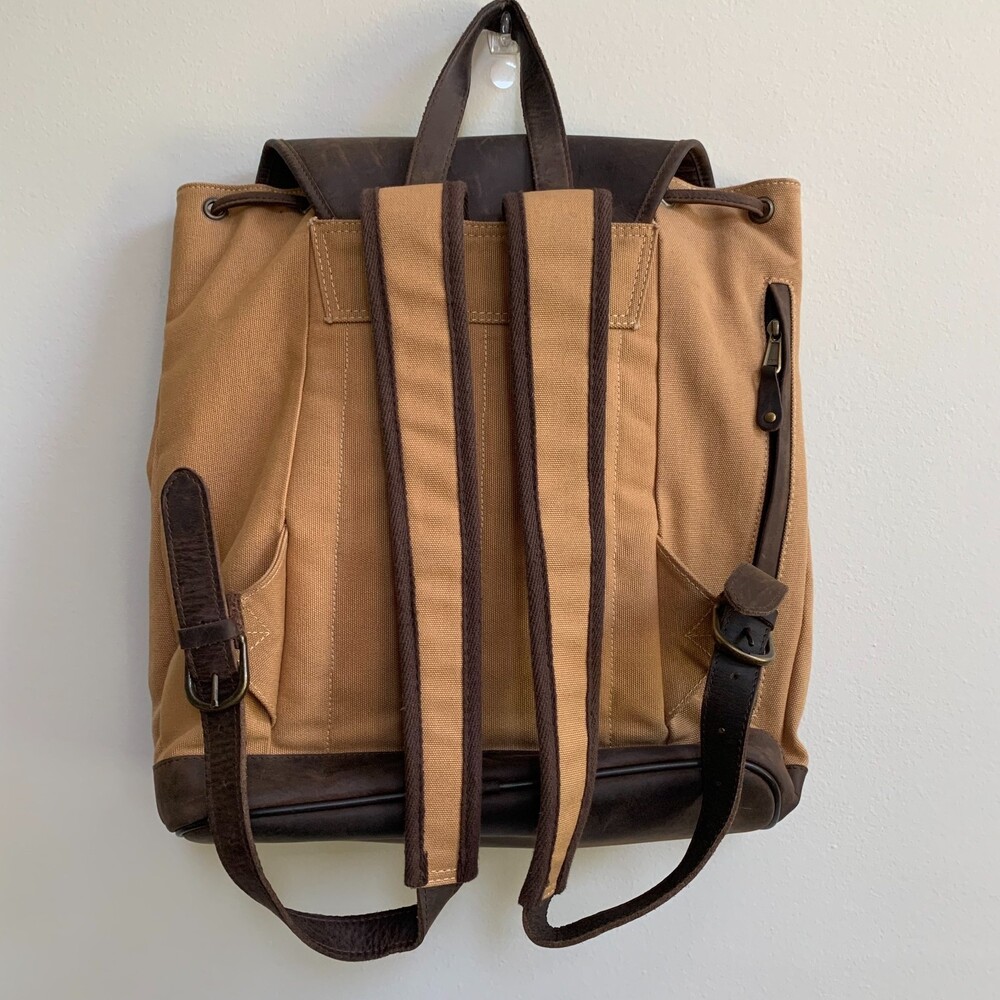 Canyon Outback VTG Leather Canvas Backpack Cinch Buckle Brown Tan Classic 90s - Picture 5 of 12